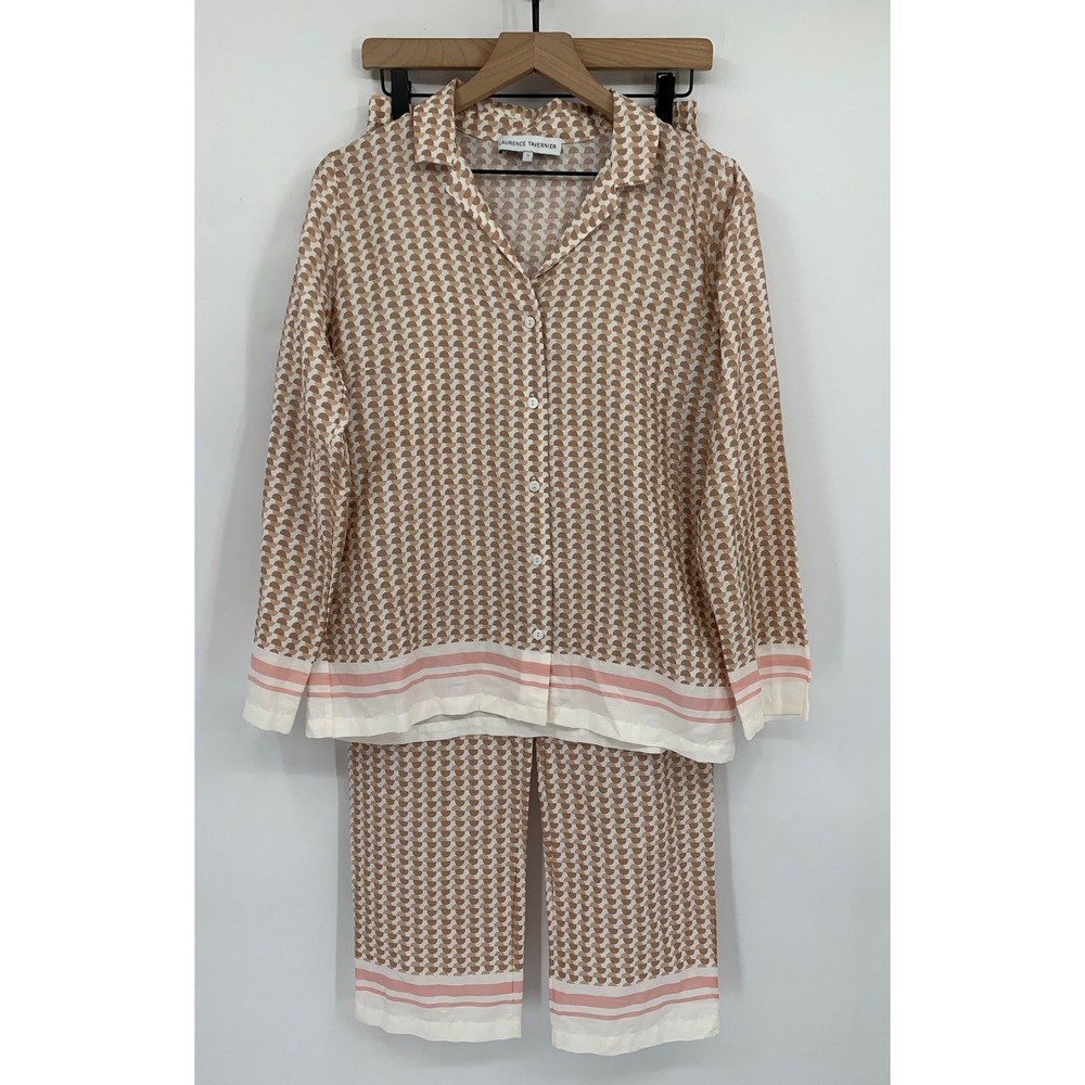 Laurence Tavernier Pajama Set Womens Small Shirt Pants XS Tan Pink Read